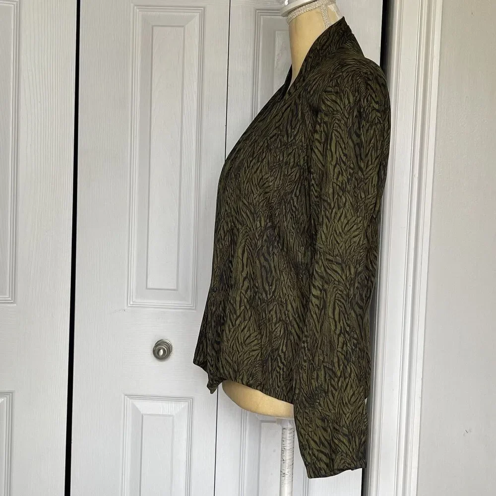Anne Klein Vintage Silk Blouse Size 8 Green Black Surplice Button Front Top